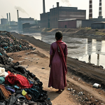 **Fast Fashion's Devastation: Water, Chemicals & Exploitation**
    A powerful visual narrative depicting the severe environmental and human cost of fast fashion, aimed at an Urdu-speaking audience. The scene should feature a deeply polluted river or canal, its waters discolored and laden with industrial waste, flowing past a desolate, parched landscape symbolic of extreme water depletion. In the background, factory chimneys emit dark smoke, and a glimpse into a dimly lit, overcrowded garment factory reveals exhausted workers toiling in unsafe conditions, perhaps with stacks of cheap, newly manufactured clothes. The image should evoke a sense of urgency and sadness, highlighting the sacrifice of precious resources and human dignity for mass-produced, inexpensive clothing. Use a realistic, gritty, and somewhat muted color palette. Include elements that resonate with industrial areas near South Asian water bodies, like specific types of factories or polluted waterways common in the region.