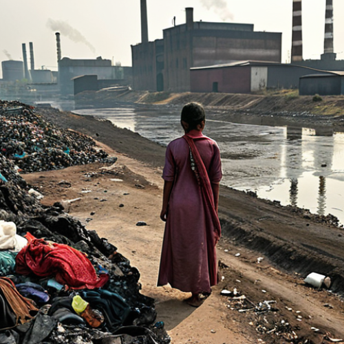 Home 14 **Fast Fashion's Devastation: Water, Chemicals & Exploitation**
A powerful visual narrative depicting the severe environmental and human cost of fast fashion, aimed at an Urdu-speaking audience. The scene should feature a deeply polluted river or canal, its waters discolored and laden with industrial waste, flowing past a desolate, parched landscape symbolic of extreme water depletion. In the background, factory chimneys emit dark smoke, and a glimpse into a dimly lit, overcrowded garment factory reveals exhausted workers toiling in unsafe conditions, perhaps with stacks of cheap, newly manufactured clothes. The image should evoke a sense of urgency and sadness, highlighting the sacrifice of precious resources and human dignity for mass-produced, inexpensive clothing. Use a realistic, gritty, and somewhat muted color palette. Include elements that resonate with industrial areas near South Asian water bodies, like specific types of factories or polluted waterways common in the region.