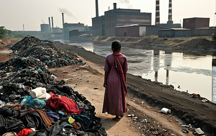 **Fast Fashion's Devastation: Water, Chemicals & Exploitation**
    A powerful visual narrative depicting the severe environmental and human cost of fast fashion, aimed at an Urdu-speaking audience. The scene should feature a deeply polluted river or canal, its waters discolored and laden with industrial waste, flowing past a desolate, parched landscape symbolic of extreme water depletion. In the background, factory chimneys emit dark smoke, and a glimpse into a dimly lit, overcrowded garment factory reveals exhausted workers toiling in unsafe conditions, perhaps with stacks of cheap, newly manufactured clothes. The image should evoke a sense of urgency and sadness, highlighting the sacrifice of precious resources and human dignity for mass-produced, inexpensive clothing. Use a realistic, gritty, and somewhat muted color palette. Include elements that resonate with industrial areas near South Asian water bodies, like specific types of factories or polluted waterways common in the region.