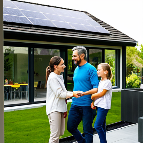 Home 13 A diverse, professional family, consisting of adults and children, engaging in daily activities within a bright, modern, and eco-friendly home. They are all fully clothed in modest, comfortable attire. Visible through a large window, solar panels are installed on the roof of their house, and lush, green trees contribute to a serene outdoor environment. Inside, there's a subtle indication of smart energy usage. The scene conveys a sense of responsibility, harmony, and a sustainable lifestyle. safe for work, appropriate content, fully clothed, family-friendly, perfect anatomy, correct proportions, natural pose, well-formed hands, proper finger count, natural body proportions, professional photography, high quality, realistic, soft natural lighting.