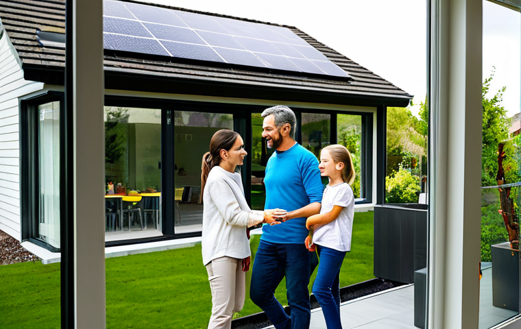 A diverse, professional family, consisting of adults and children, engaging in daily activities within a bright, modern, and eco-friendly home. They are all fully clothed in modest, comfortable attire. Visible through a large window, solar panels are installed on the roof of their house, and lush, green trees contribute to a serene outdoor environment. Inside, there's a subtle indication of smart energy usage. The scene conveys a sense of responsibility, harmony, and a sustainable lifestyle. safe for work, appropriate content, fully clothed, family-friendly, perfect anatomy, correct proportions, natural pose, well-formed hands, proper finger count, natural body proportions, professional photography, high quality, realistic, soft natural lighting.