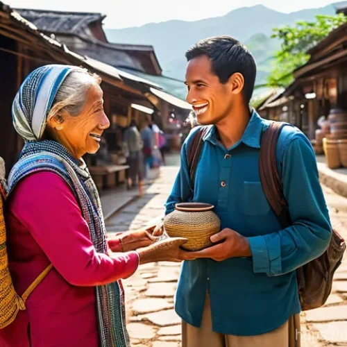 Home 20 지속 가능한 관광 산업 - A young adult traveler, dressed in comfortable and modest everyday attire, engages in a friendly con...