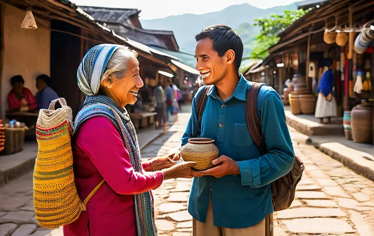 지속 가능한 관광 산업 - A young adult traveler, dressed in comfortable and modest everyday attire, engages in a friendly con...