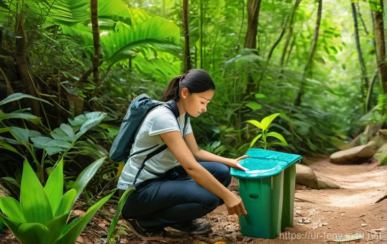 지속 가능한 관광 산업 - A solo traveler, wearing modest and practical clothing suitable for exploring, is depicted in a two-...