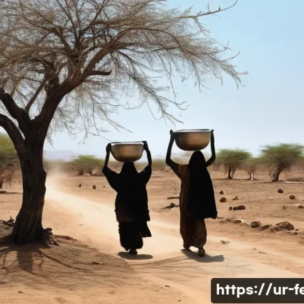 지속 가능한 물 관리 - **Water Scarcity and the Journey for Survival:**
    A poignant, realistic photograph depicting a de...