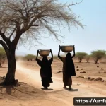 Home 8 지속 가능한 물 관리 - **Water Scarcity and the Journey for Survival:**
A poignant, realistic photograph depicting a de...