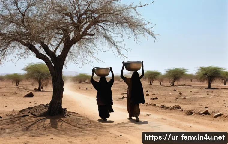 지속 가능한 물 관리 - **Water Scarcity and the Journey for Survival:**
    A poignant, realistic photograph depicting a de...