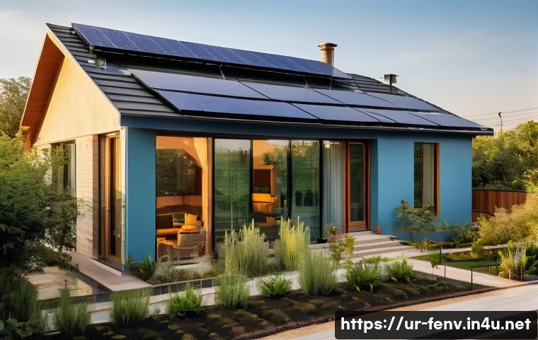 제로 에너지 빌딩 - A modern zero-energy residential home in a lush Pakistani neighborhood during golden hour, featuring...