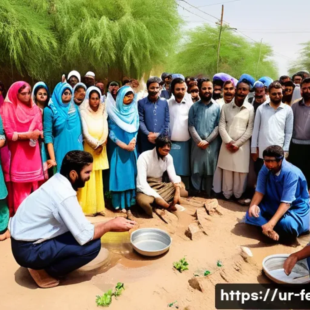 지속 가능한 수자원 관리 - A vibrant community workshop scene in a Pakistani village, showing diverse men, women, and children ...