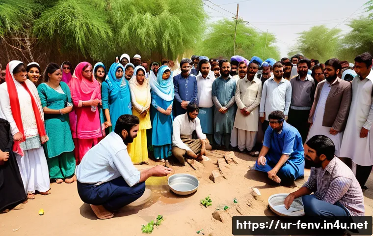 지속 가능한 수자원 관리 - A vibrant community workshop scene in a Pakistani village, showing diverse men, women, and children ...
