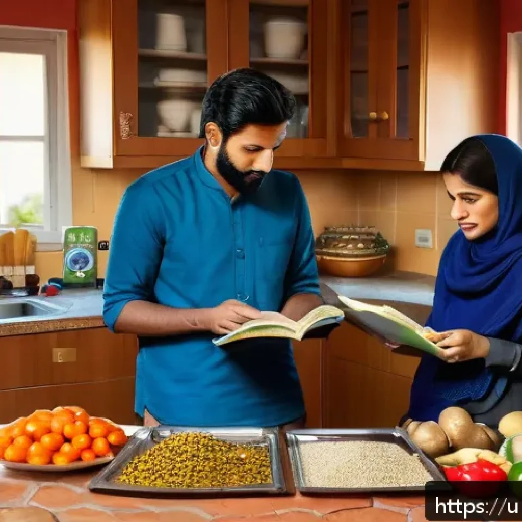 음식물 쓰레기 해결책 - A vibrant kitchen scene in a typical Pakistani home where a family is collaboratively planning a wee...