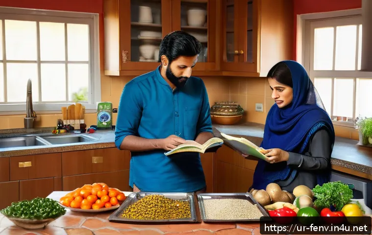 음식물 쓰레기 해결책 - A vibrant kitchen scene in a typical Pakistani home where a family is collaboratively planning a wee...