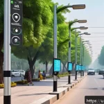 Home 22 미래 환경을 위한 기술적 대응 - A modern urban street scene in a Pakistani city featuring advanced air quality monitoring sensors mo...