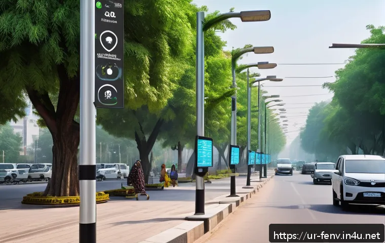 미래 환경을 위한 기술적 대응 - A modern urban street scene in a Pakistani city featuring advanced air quality monitoring sensors mo...