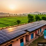 Home 18 클린 에너지 산업 - A vibrant rural Pakistani village scene at sunrise, featuring traditional houses with solar panels i...