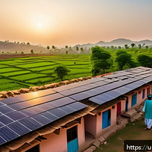 Home 30 클린 에너지 산업 - A vibrant rural Pakistani village scene at sunrise, featuring traditional houses with solar panels i...