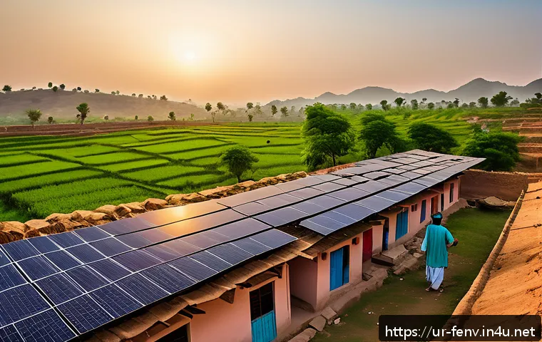 클린 에너지 산업 - A vibrant rural Pakistani village scene at sunrise, featuring traditional houses with solar panels i...