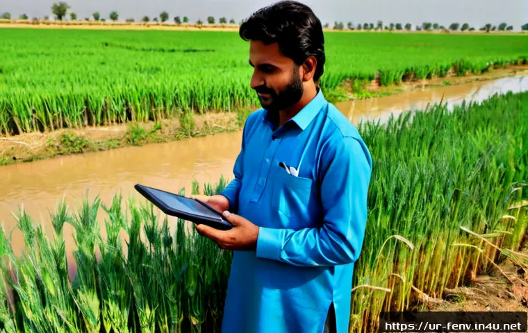 Home 13 인공지능을 활용한 환경 예측 - Photorealistic Pakistani agricultural scientist and local farmer in modest shalwar kameez standing b...