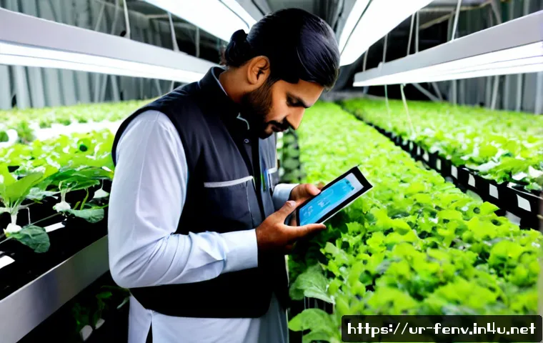 식물 공장 기술 - Photorealistic vertical farming facility in Pakistan, rows of vibrant leafy greens growing on clean ...